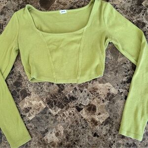 Garage Lime Green Ribbed Square-Neck Long Sleeve Crop Top